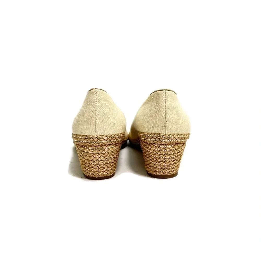 Vintage 1980s beige canvas fabric slip on wedge heel espadrilles